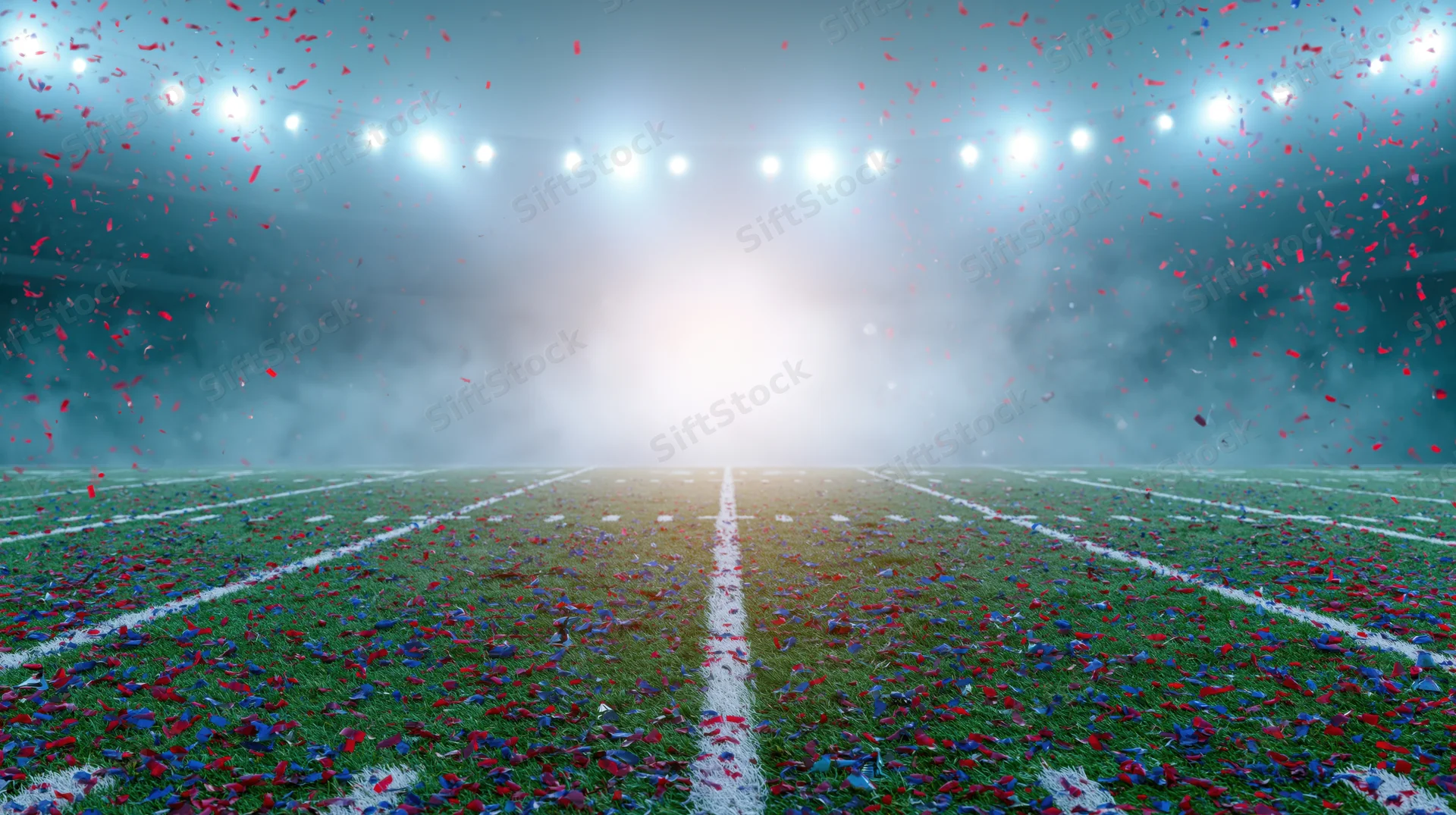 American football field covered in red and blue confetti under bright stadium lights at night