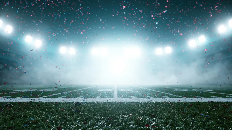 Football field at ground level with confetti falling under stadium lights at night