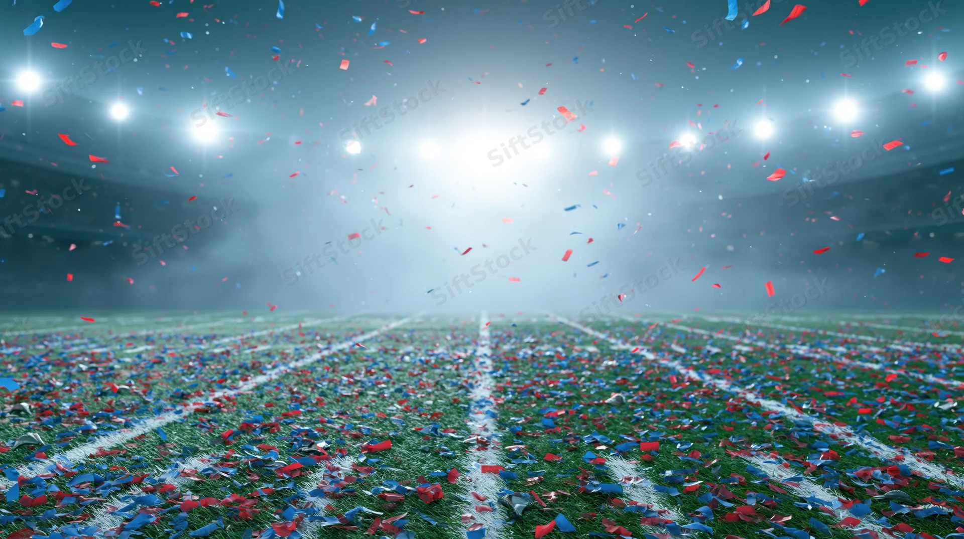 Confetti-covered football field under bright stadium lights at night