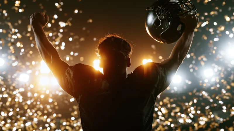 Football player from behind with arms raised in triumph holding helmet under stadium lights and falling confetti