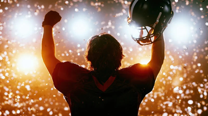 American football player from behind with arms raised in triumph holding helmet under stadium lights and confetti