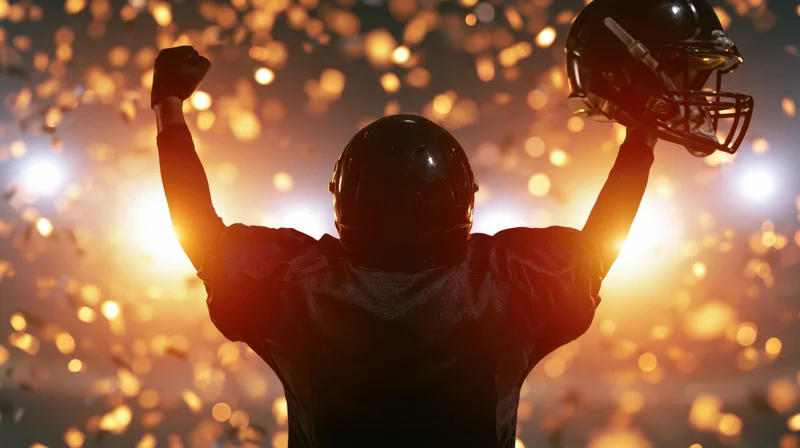 Football player from behind with arms raised in triumph under stadium lights and falling confetti