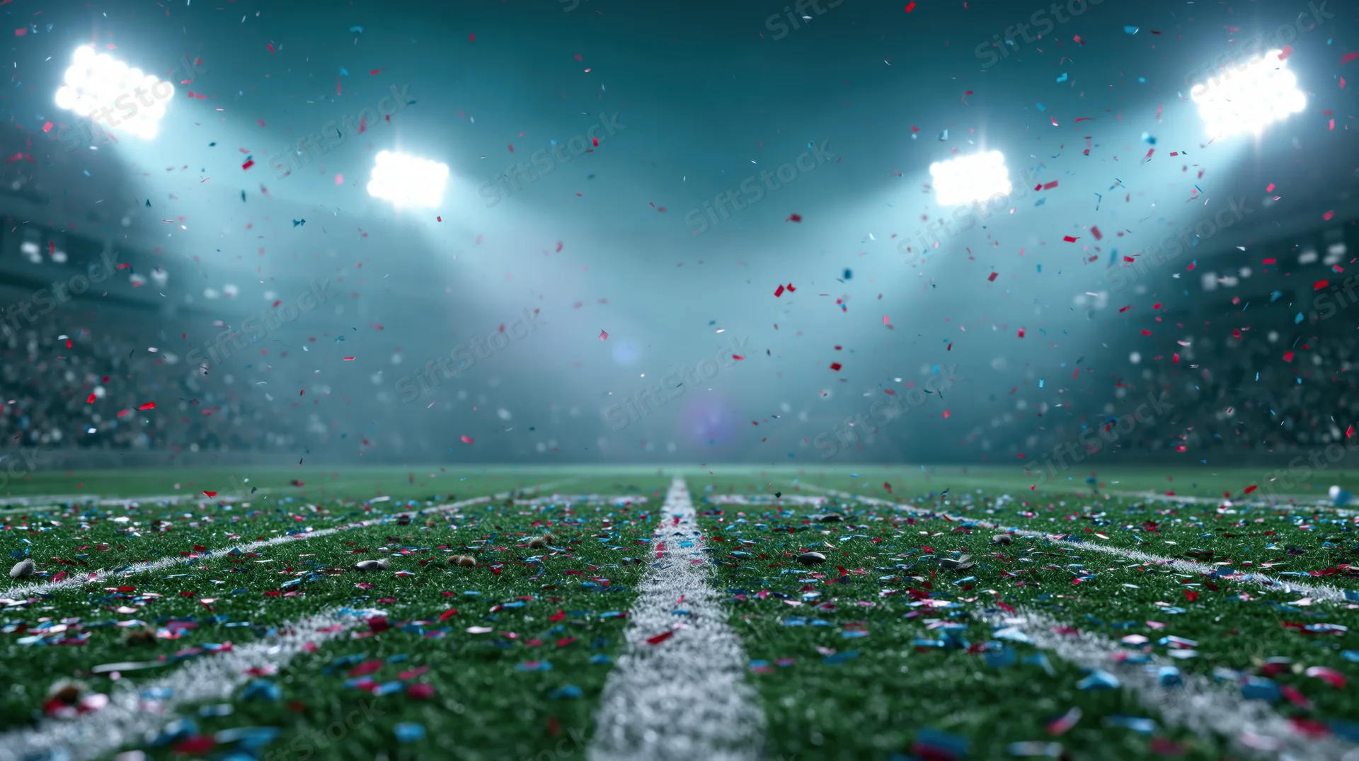 Football field at night covered in confetti under stadium lights during championship celebration