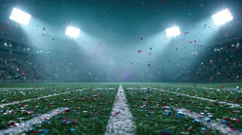 Football field at night covered in confetti under stadium lights during championship celebration