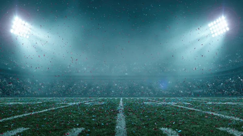 Football field at night under bright stadium lights with falling confetti and empty stands
