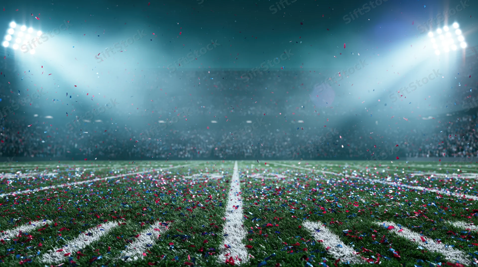 Football field covered in confetti under stadium lights at night during championship celebration