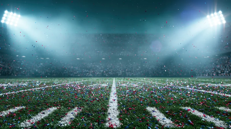 Football field covered in confetti under stadium lights at night during championship celebration