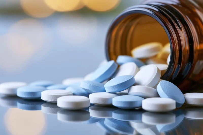Spilled blue and white tablets from an amber glass prescription bottle on a reflective surface
