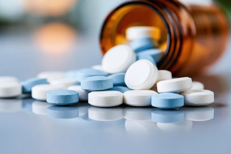 Spilled blue and white tablets from an amber glass prescription bottle on a reflective surface