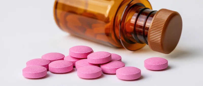 Pink tablets spilled from an amber prescription bottle on a white surface