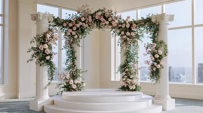 Floral arch decorated with pink roses and greenery on white corinthian columns over a circular platform in a bright indoor venue with large windows and city view