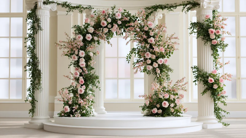 Floral arch decorated with pink roses and greenery on white columns over a circular platform in an elegant indoor wedding venue