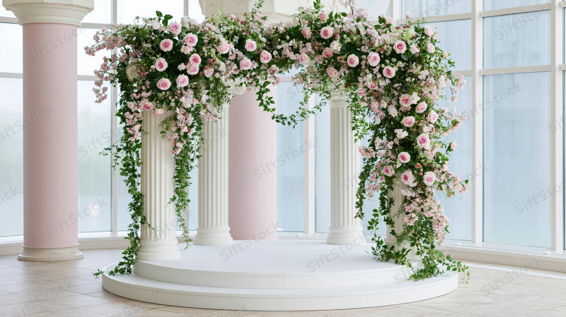 Floral arch decorated with pink roses and greenery over white columns on a circular platform in a bright indoor venue
