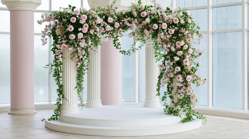 Floral arch decorated with pink roses and greenery over white columns on a circular platform in a bright indoor venue