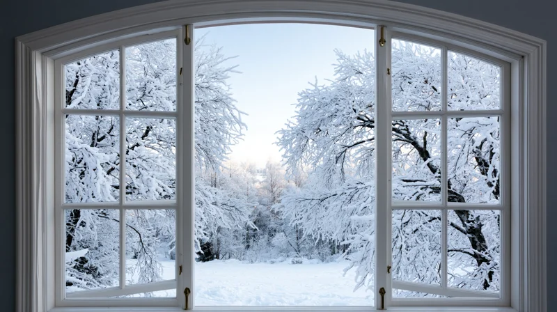 Open arched window framing snow-covered winter forest view