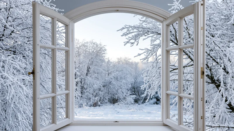 Open arched window framing snow-covered winter forest view