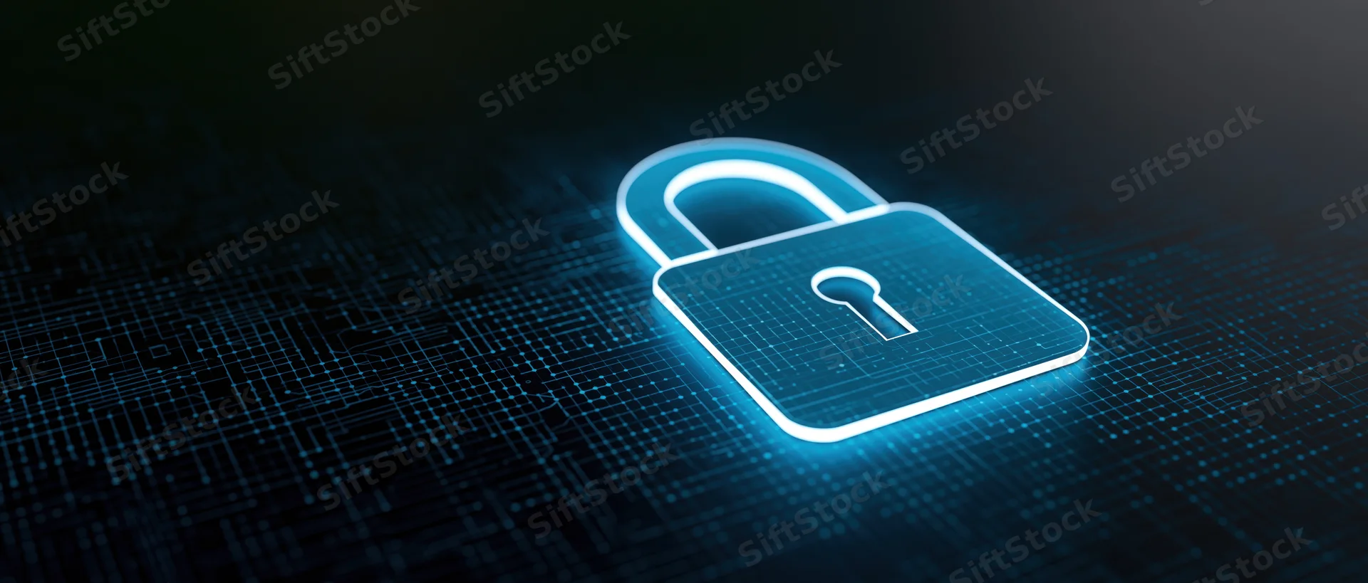 Glowing open padlock on dark digital circuit grid