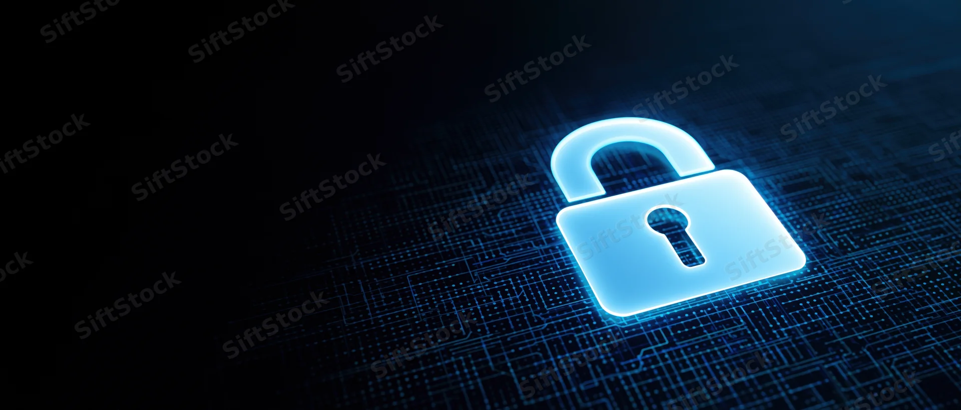 Glowing padlock icon on dark digital circuit grid