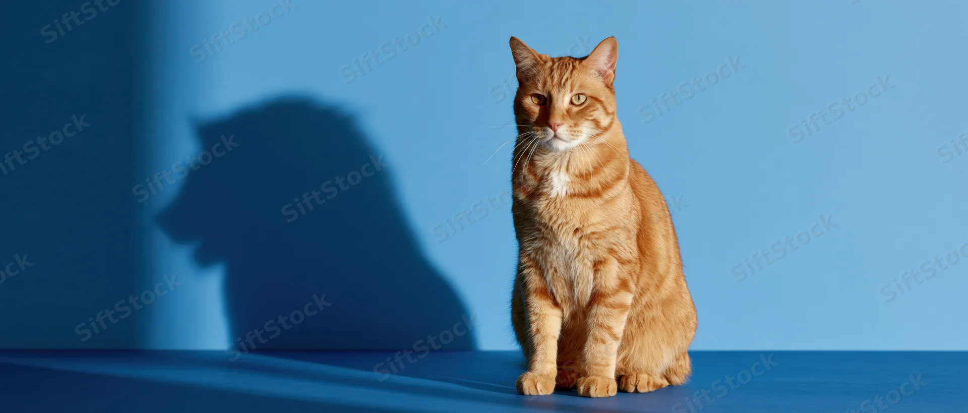 Orange tabby cat sitting upright on blue studio floor casting shadow
