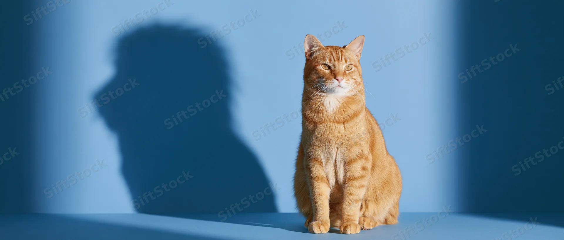 Orange tabby cat sitting upright on blue studio surface with shadow behind