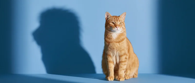 Orange tabby cat sitting upright on blue studio surface with shadow behind