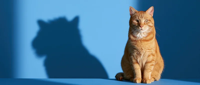 Orange tabby cat sitting upright on blue studio surface with shadow behind