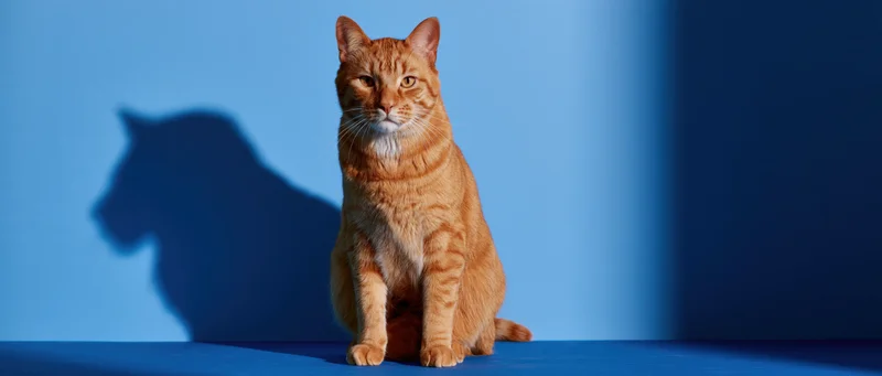 Orange tabby cat sitting upright on blue studio surface with shadow behind