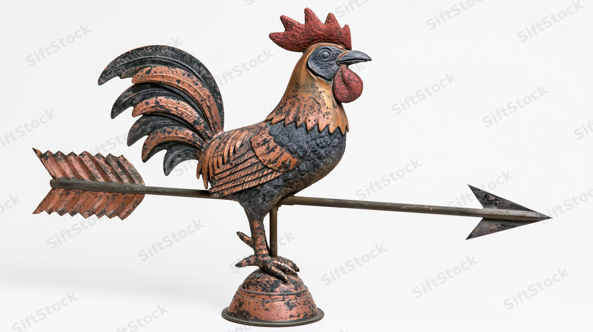 Antique copper and cast iron rooster weather vane with directional arrow on white background
