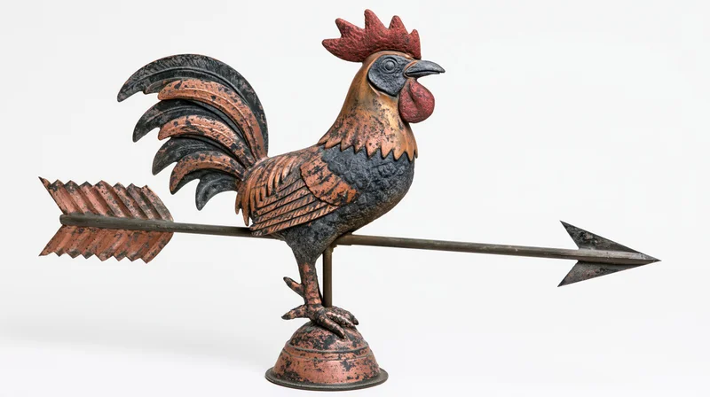 Antique copper and cast iron rooster weather vane with directional arrow on white background