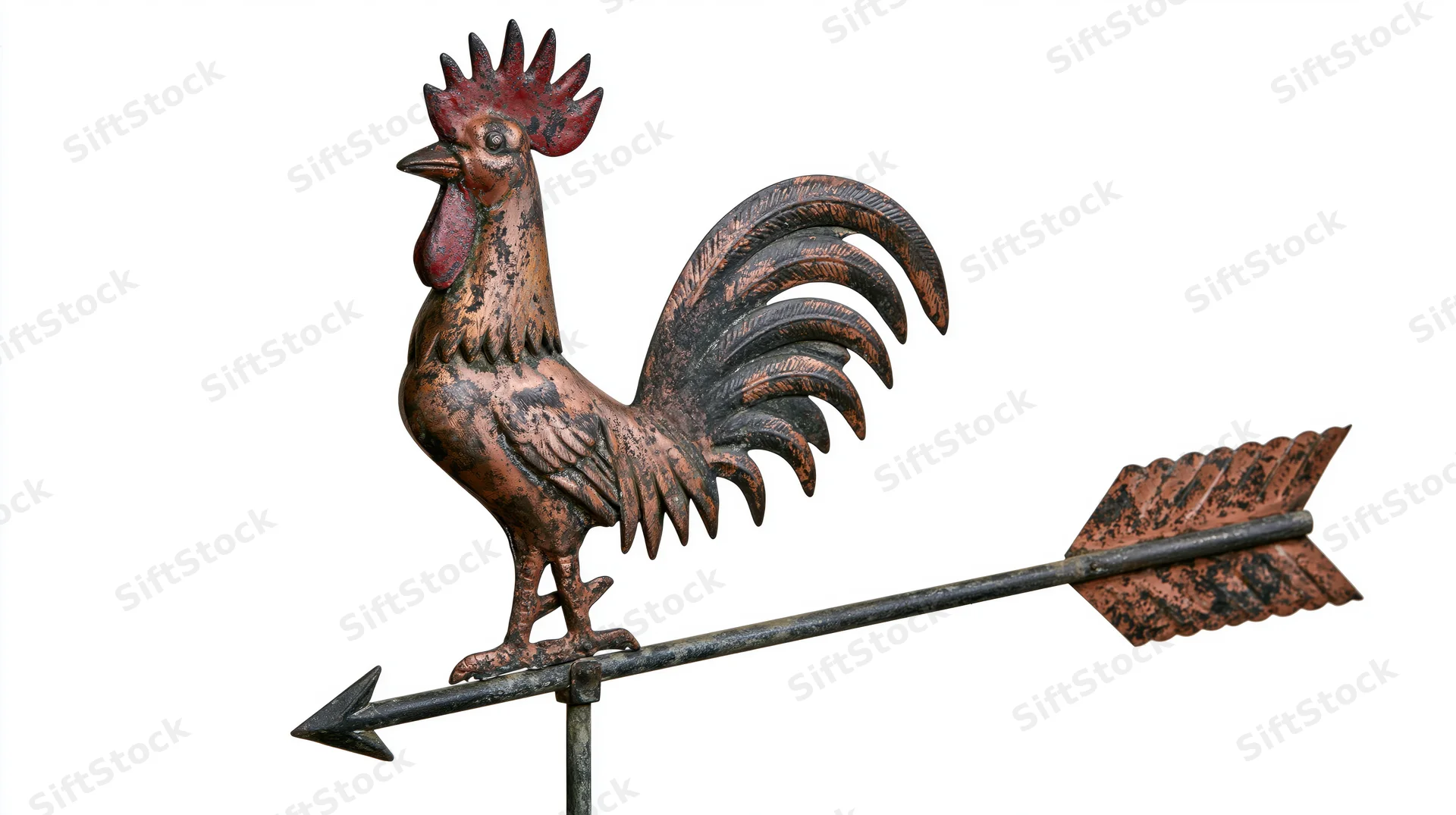 Antique copper rooster weather vane with directional arrow on white background