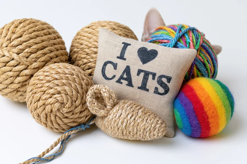 Cat toys with rope balls and a cushion reading i heart cats on white surface