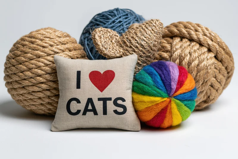 Cat toys including rope balls and a cushion with i heart cats text arranged on white surface