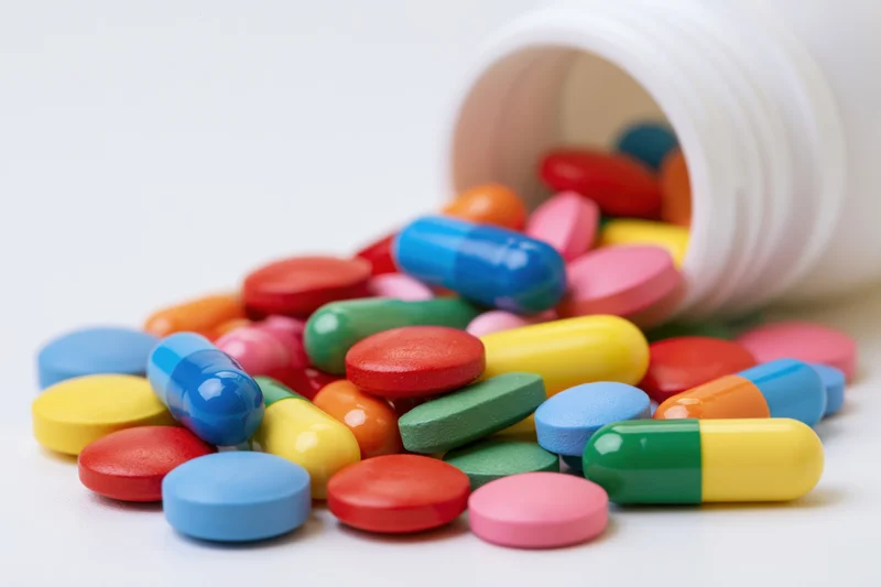 Colorful pills and capsules spilled from a white bottle onto a plain surface