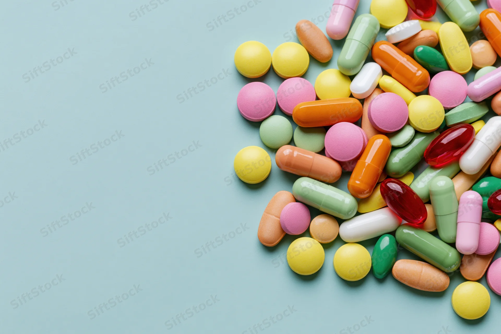Colorful pills and capsules scattered on a light blue surface with copyspace on the left