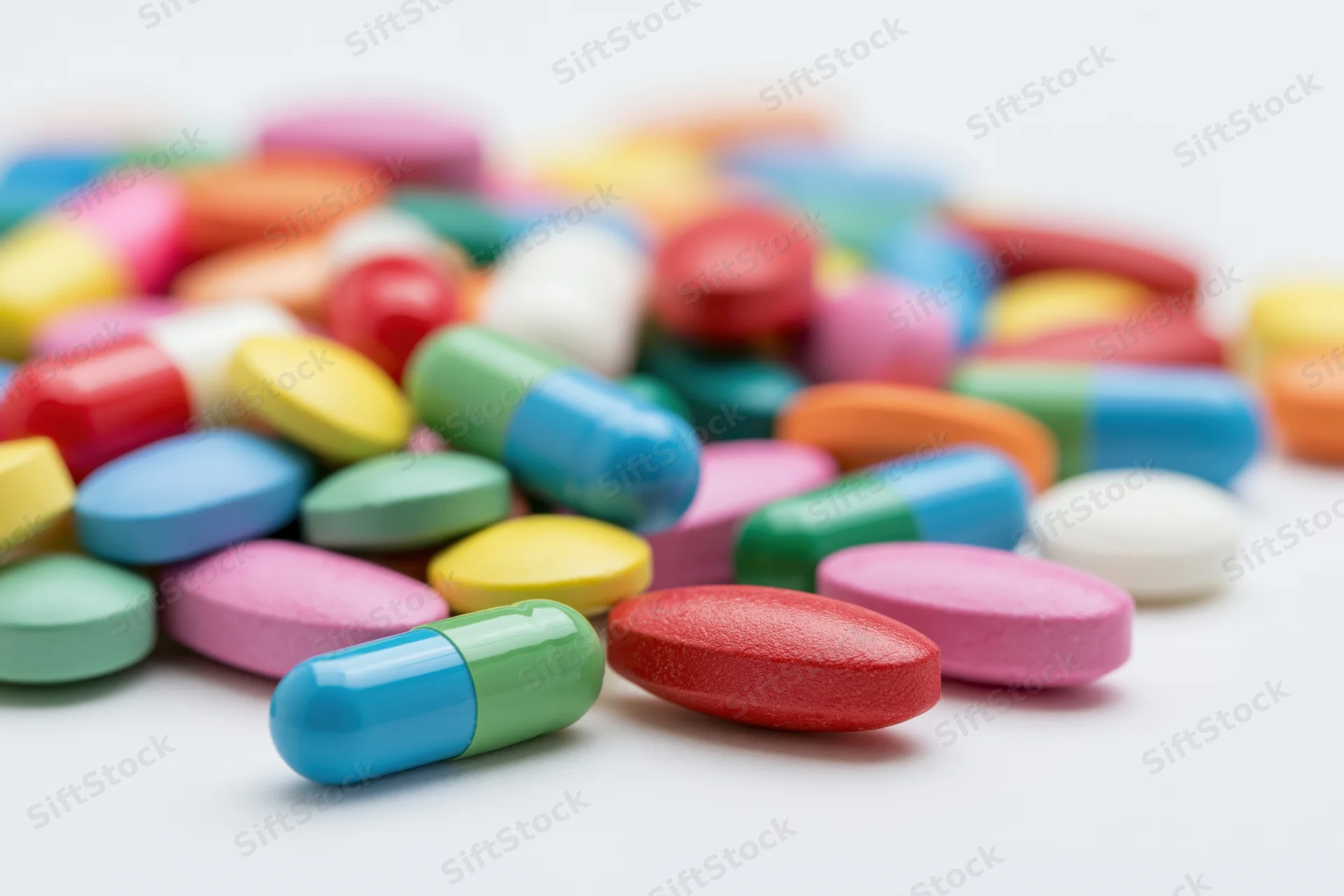 Colorful prescription pills and capsules scattered on a white surface