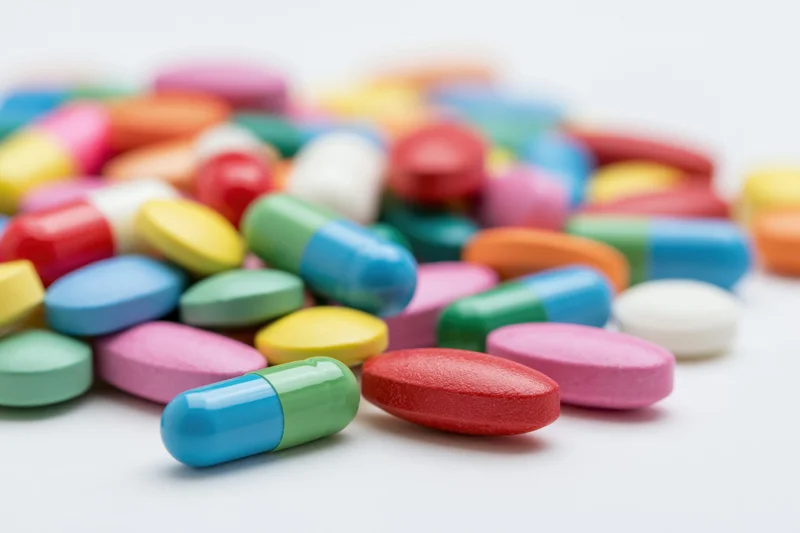 Colorful prescription pills and capsules scattered on a white surface