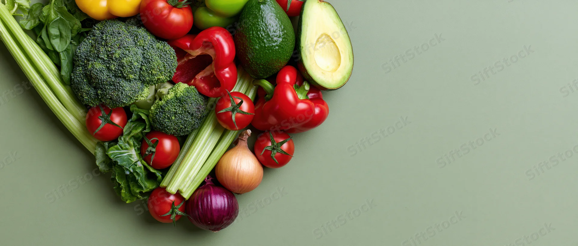 Fresh vegetables and fruits arranged in a heart shape on a green surface
