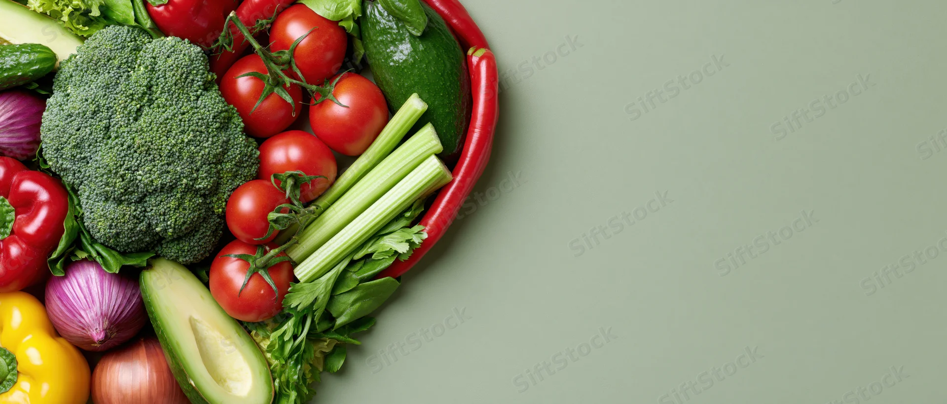 Fresh vegetables and fruits arranged in a heart shape on a green surface