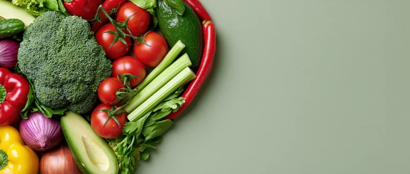 Fresh vegetables and fruits arranged in a heart shape on a green surface