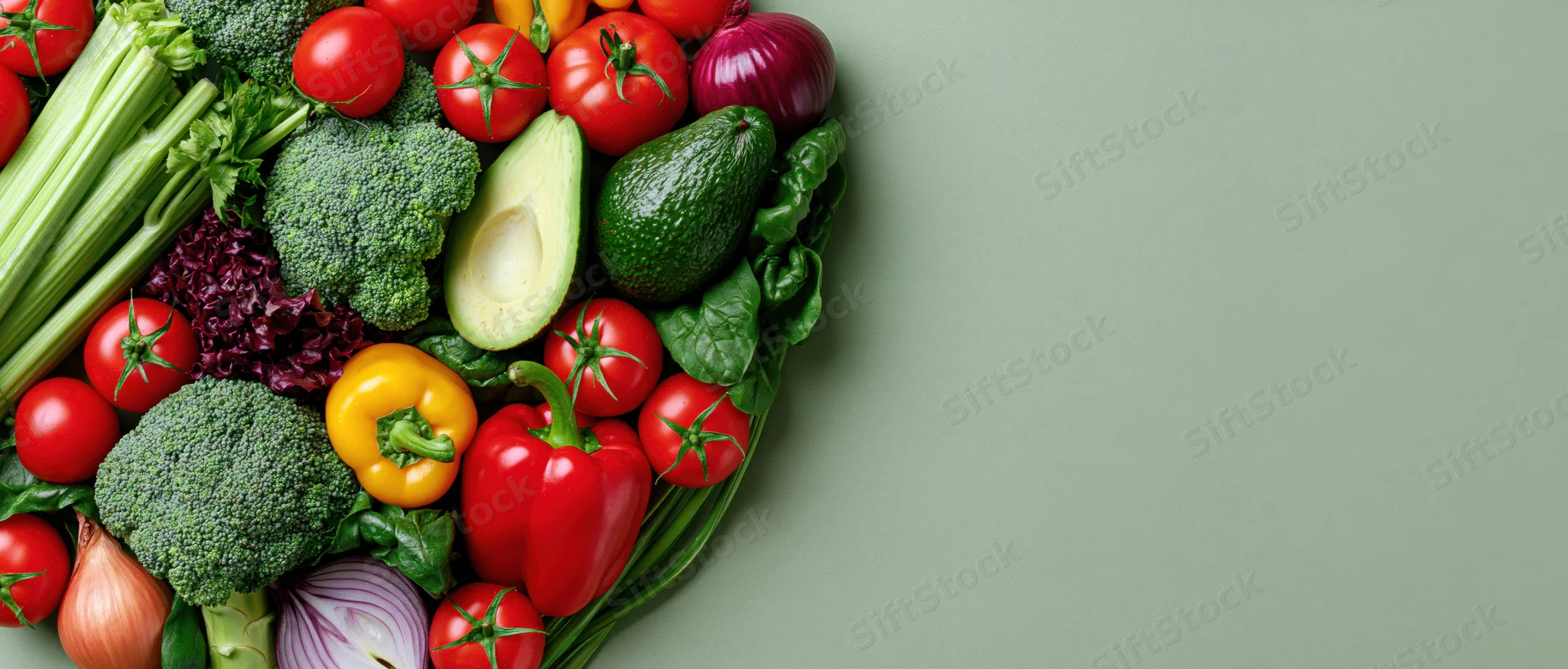 Fresh vegetables and fruits arranged in a heart shape on a green surface