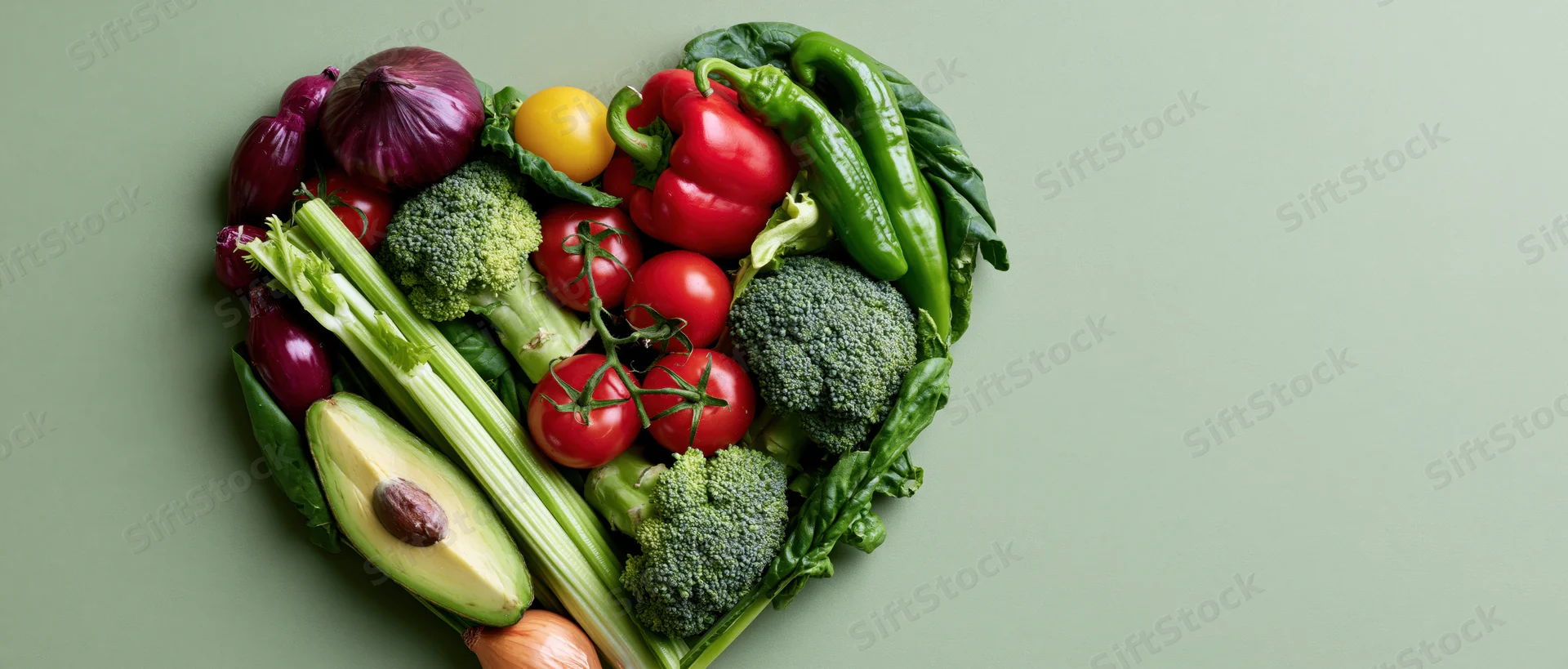Fresh vegetables arranged in heart shape on green background