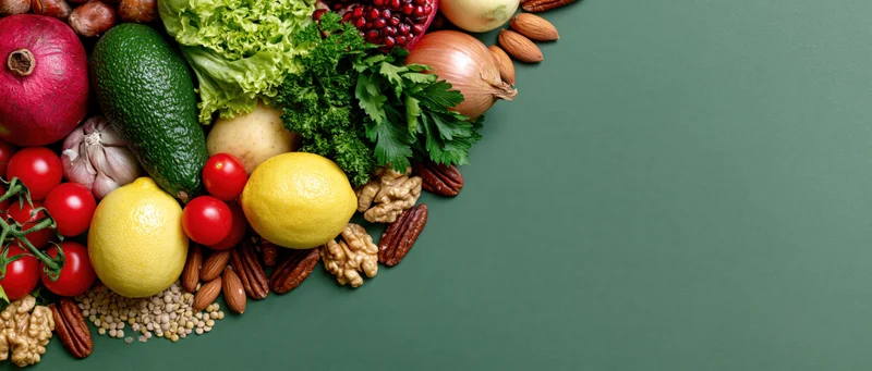 Fresh vegetables fruits and nuts arranged in a loose cluster on green surface with copyspace