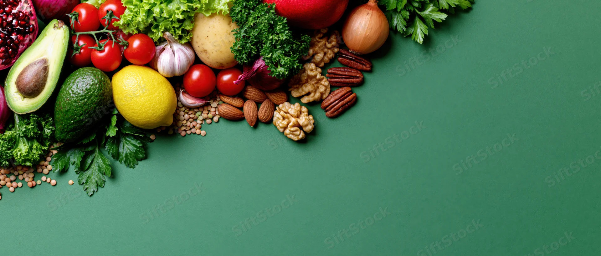 Fresh vegetables fruits and nuts arranged in a loose border on green surface with copyspace