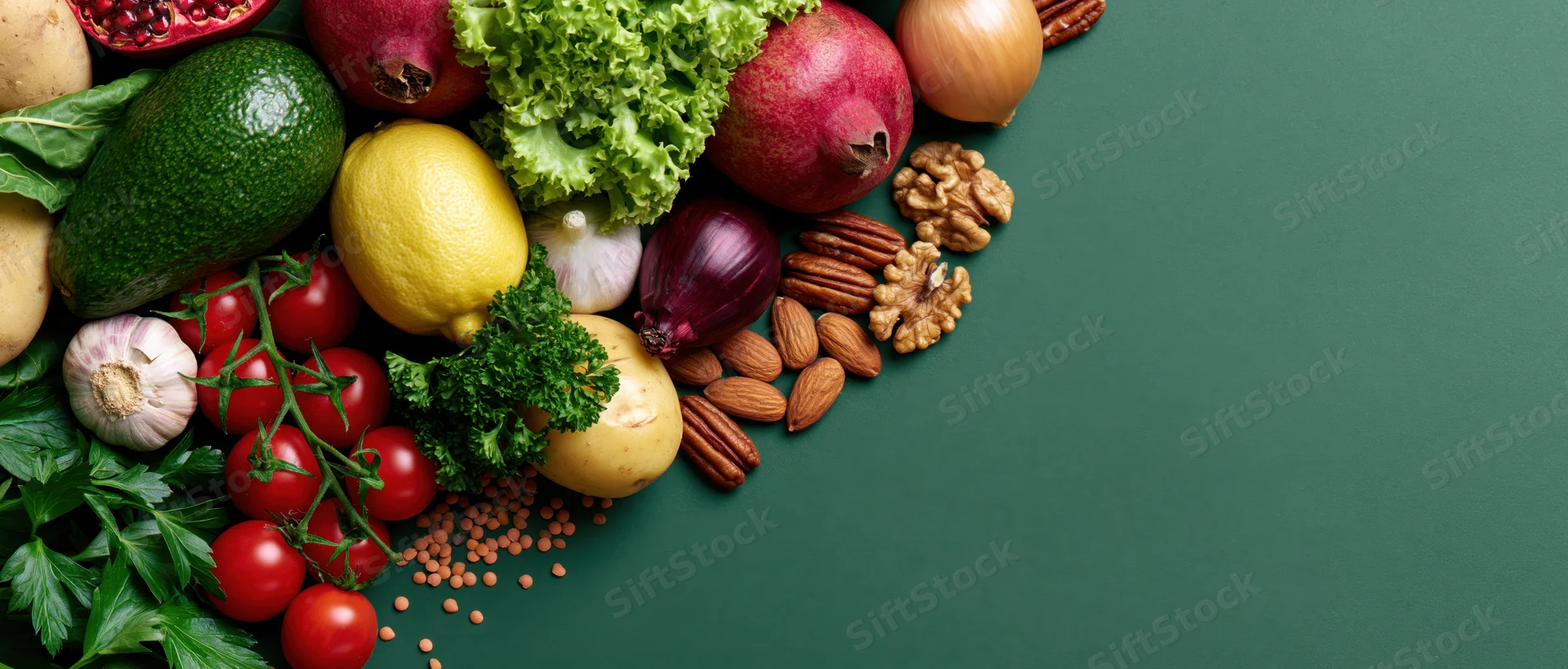 Fresh vegetables fruits and nuts arranged in a loose cluster on green surface with copyspace
