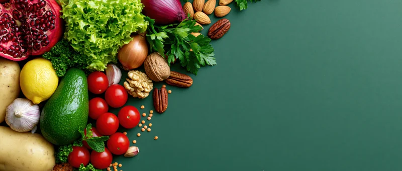 Fresh vegetables fruits and nuts arranged in a loose cluster on a green surface with copyspace
