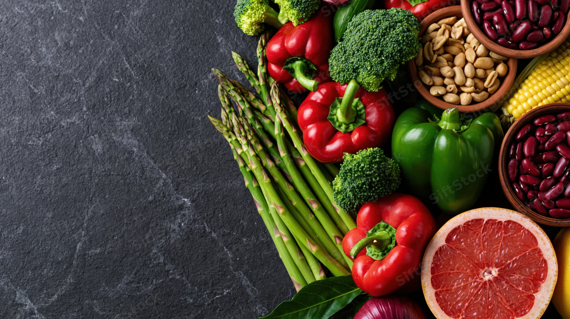 Fresh vegetables fruits nuts and legumes arranged on dark slate surface with copyspace on left