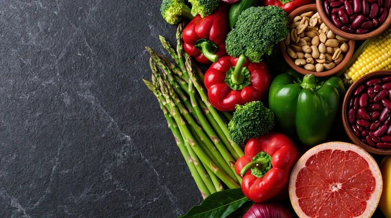 Fresh vegetables fruits nuts and legumes arranged on dark slate surface with copyspace on left