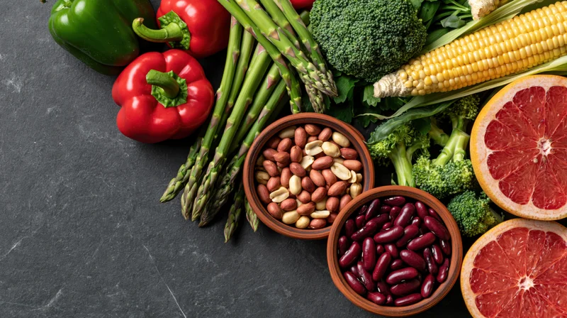 Fresh vegetables fruits nuts and legumes arranged on dark slate surface with copyspace