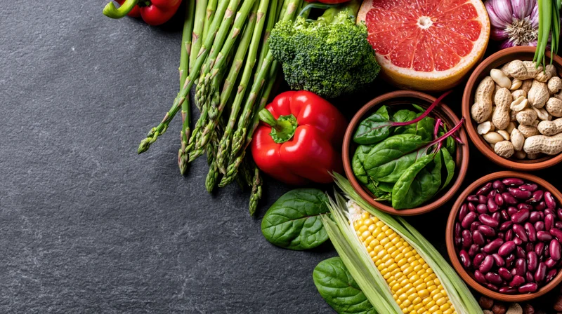 Fresh vegetables fruits nuts and legumes arranged on dark slate surface with copyspace