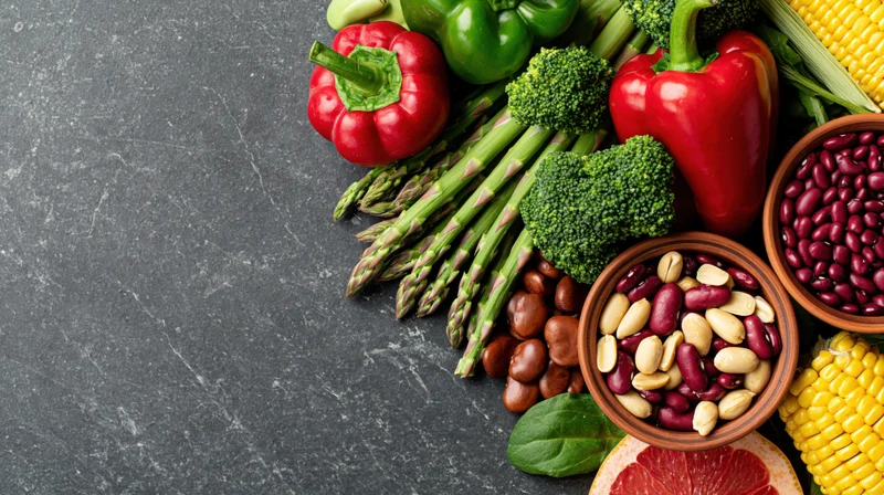 Fresh vegetables fruits legumes and nuts arranged on dark slate surface with copyspace
